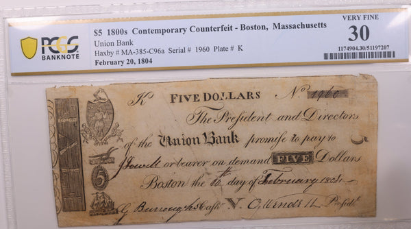 1808 $5, Boston, Massachusetts., Obsolete Currency, PCGS VF30, Store #GMA005.