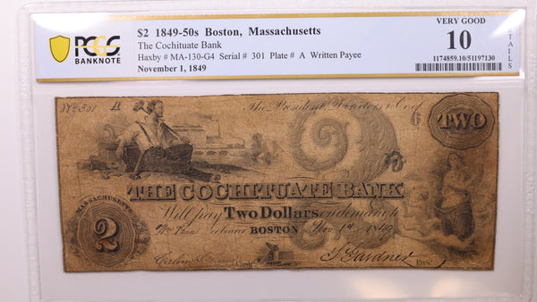 1849 $2, Boston, Massachusetts., Obsolete Currency, PCGS VG10, Store #GMA008.