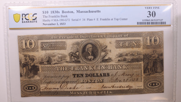 1833 $10, Boston, Massachusetts., Obsolete Currency, PCGS VF30, Store #GMA009.