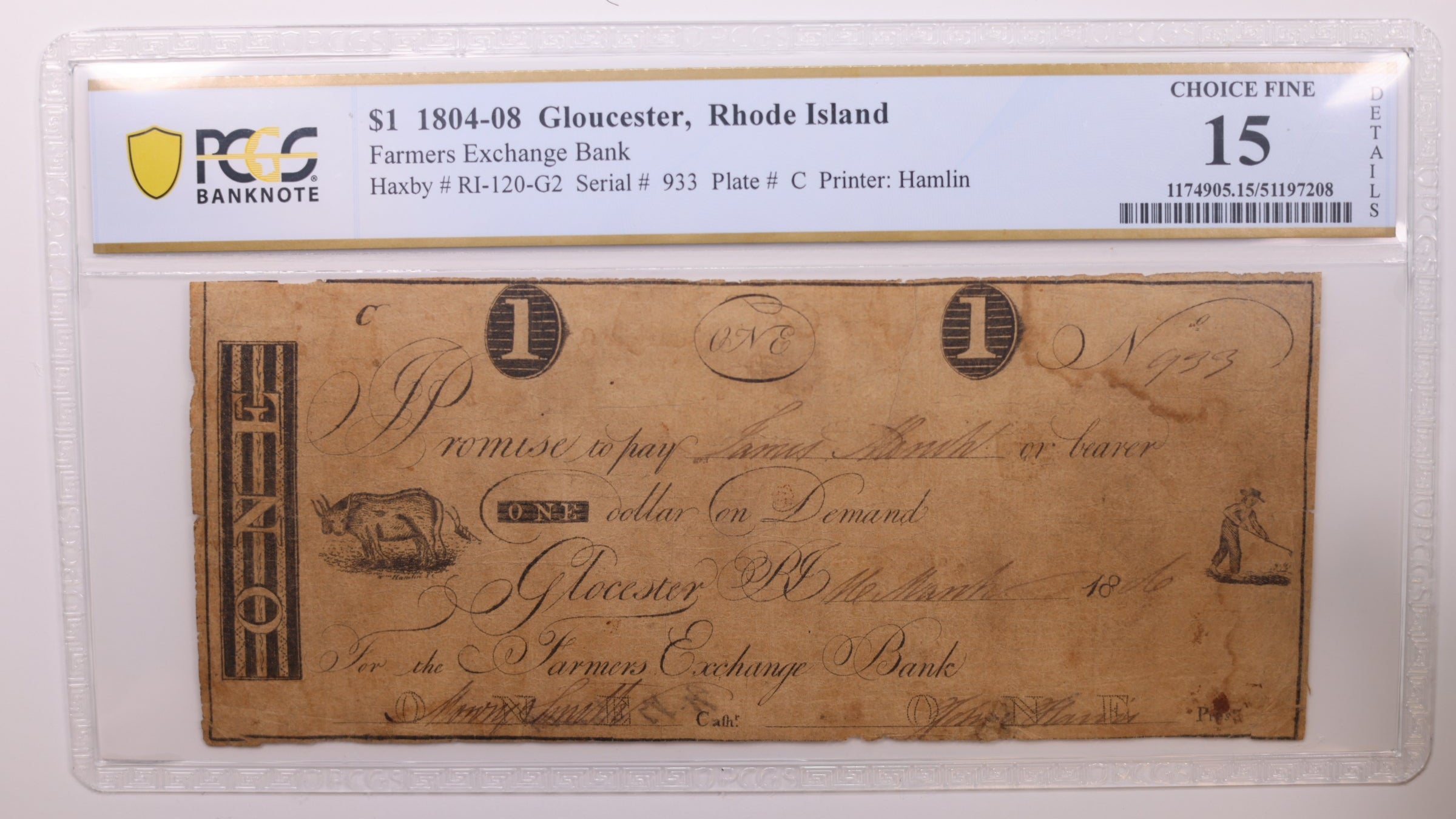 1806 $1, Gloucester, R.I.., Obsolete Currency, PCGS F15, Store #GRI002.