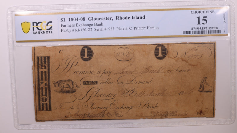 1806 $1, Gloucester, R.I.., Obsolete Currency, PCGS F15, Store