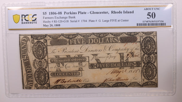 1808 $5, Gloucester, R.I.., Obsolete Currency, PCGS VF30, Store #GRI004.