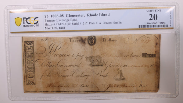 1808 $3, Gloucester, R.I.., Obsolete Currency, PCGS VF20, Store #GRI006.