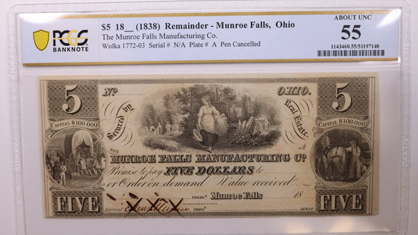 1838 $5, Munroe Falls, Ohio., Obsolete Currency, PCGS AU-55, Store #GOH012.