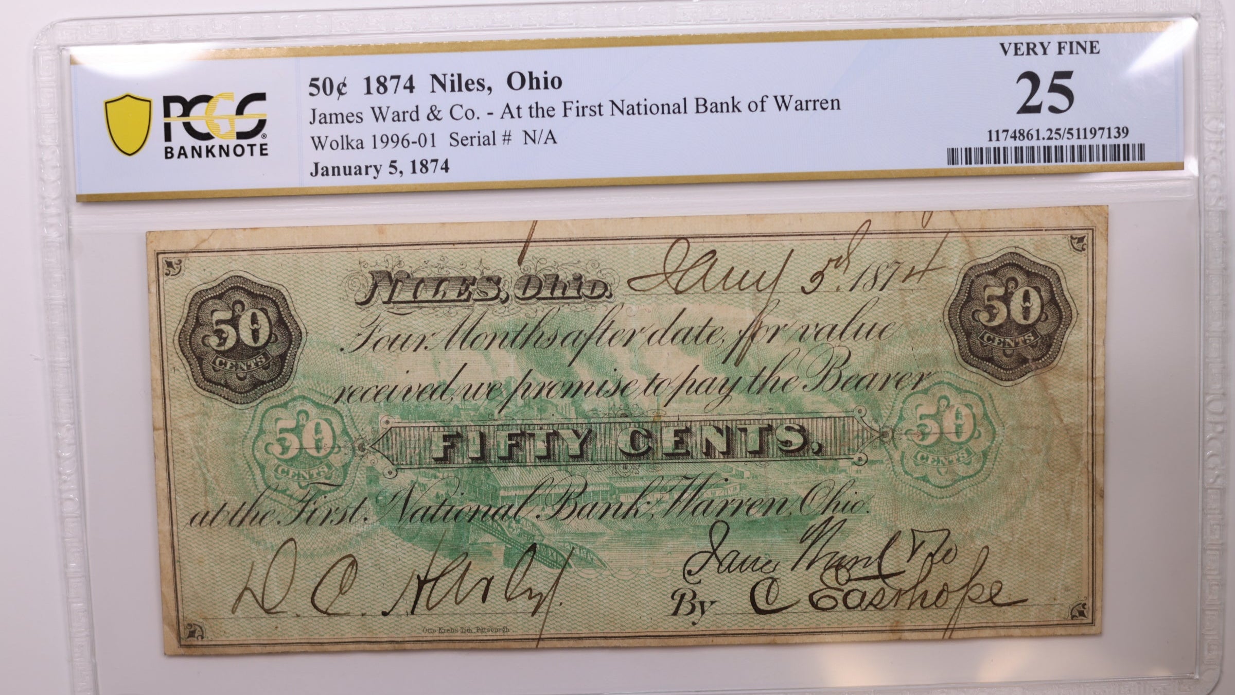 1874 50 Cent, Niles, Ohio., Obsolete Currency, PCGS VF-25, Store #GOH013.