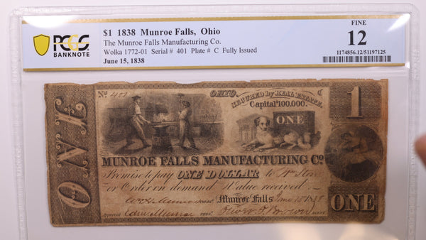1838 $1, Munroe Falls, Ohio., Obsolete Currency, PCGS F-12., Store #GOH014.