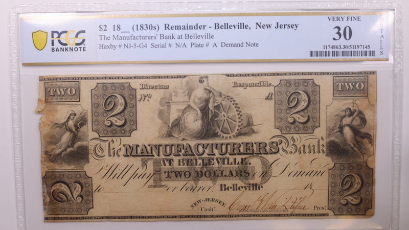 18__ $2, Belleville, N.J., Obsolete Currency, PCGS VF-30., Store