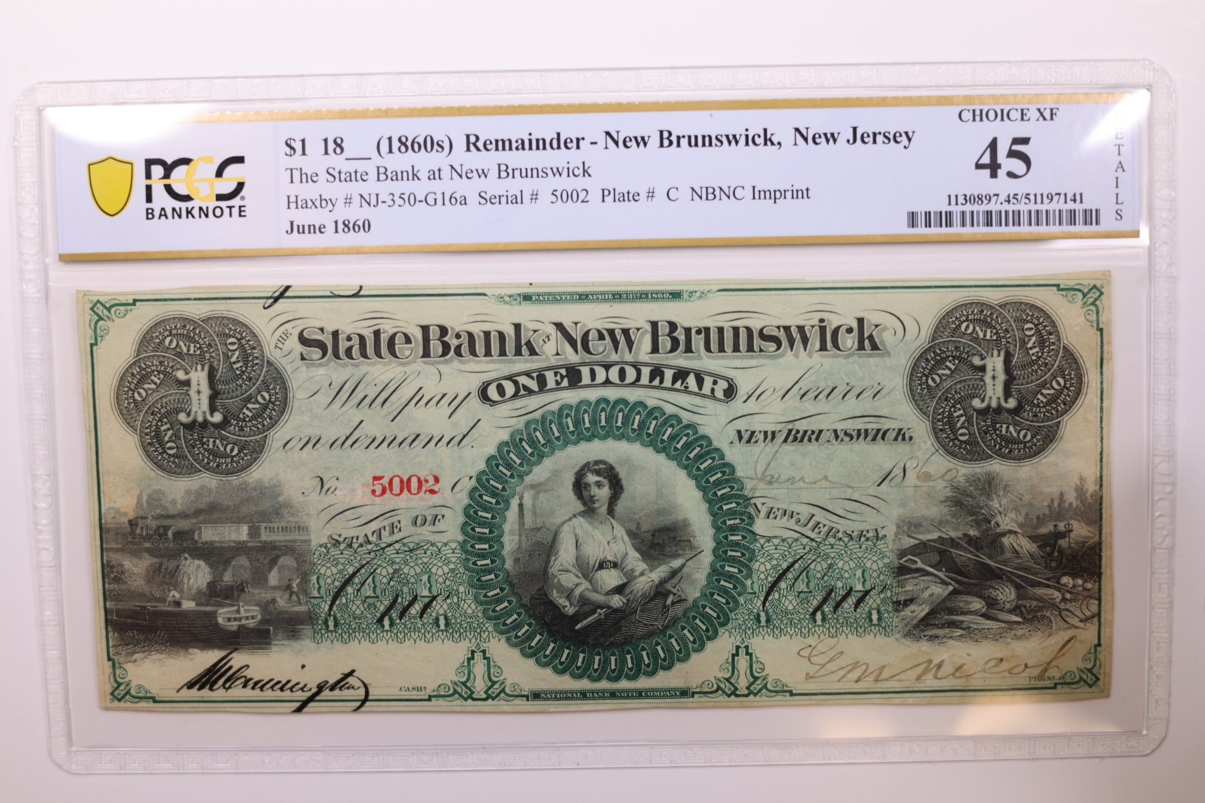1860 $1, New Brunswick, N.J., Obsolete Currency, PCGS XF-45., Store #GNJ011.