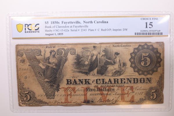 1855 $5, Fayetteville, N.C., Obsolete Currency., PCGS F15., Store #GNC031.