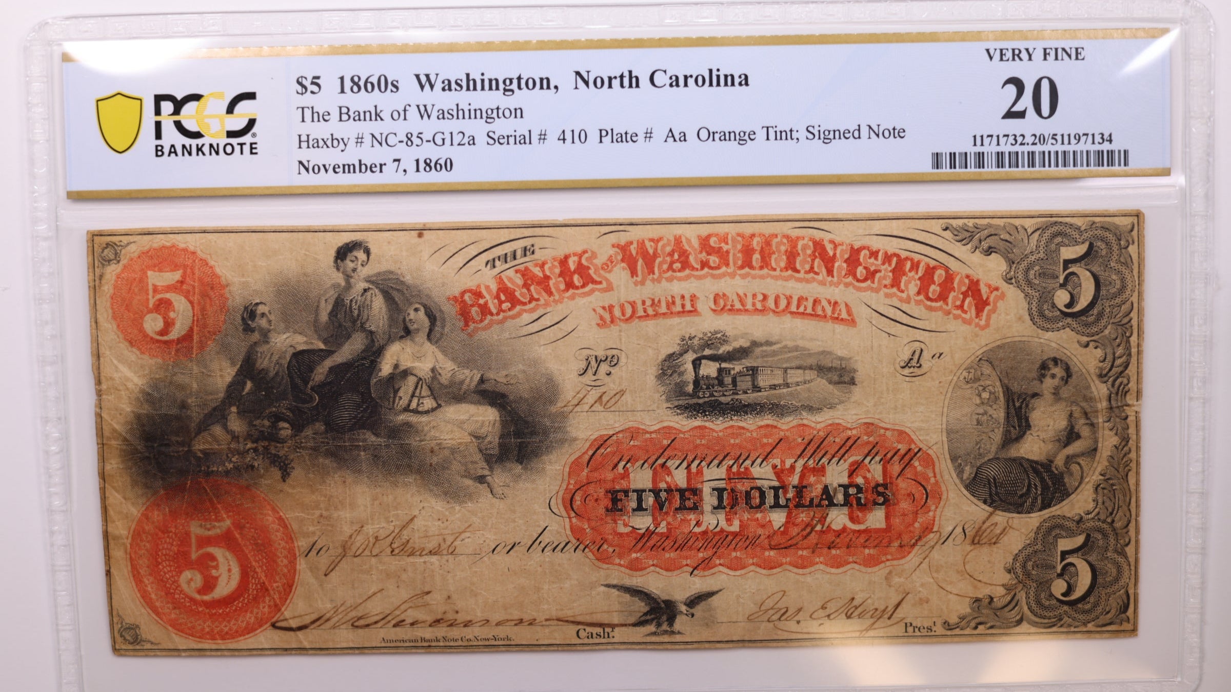 1860 $5, Washington, N.C., Obsolete Currency., PCGS VF20., Store #GNC032.