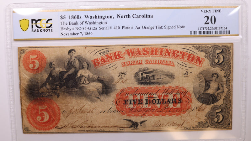 1860 $5, Washington, N.C., Obsolete Currency., PCGS VF20., Store