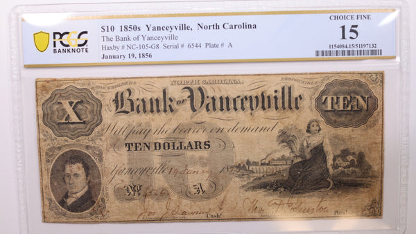 1858 $10, Yanceyville, N.C., Obsolete Currency., PCGS F-15., Store #GNC033.