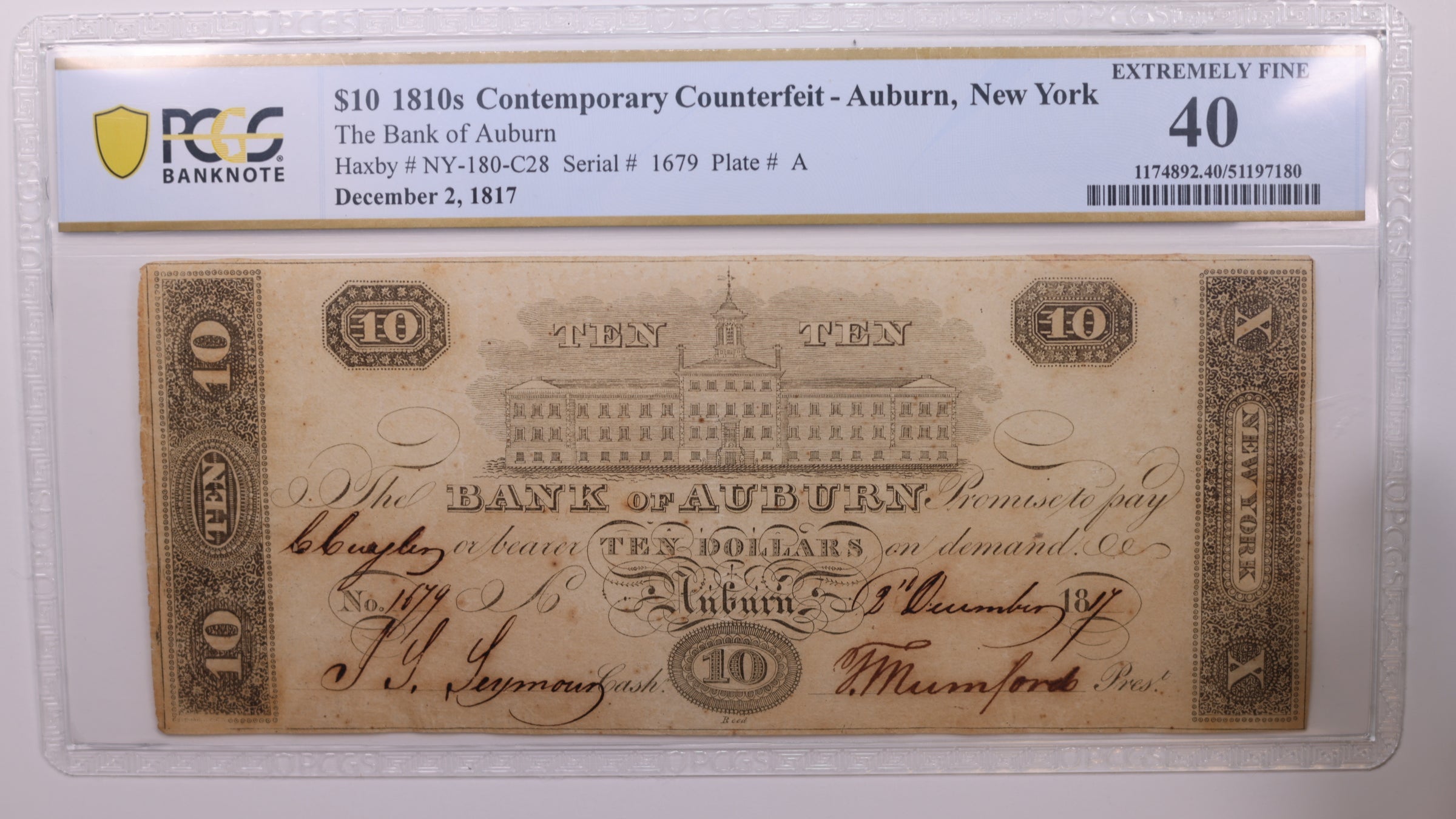 1817 $10, Auburn, N.Y., Obsolete Currency., PCGS XF40., Store #GNY004.
