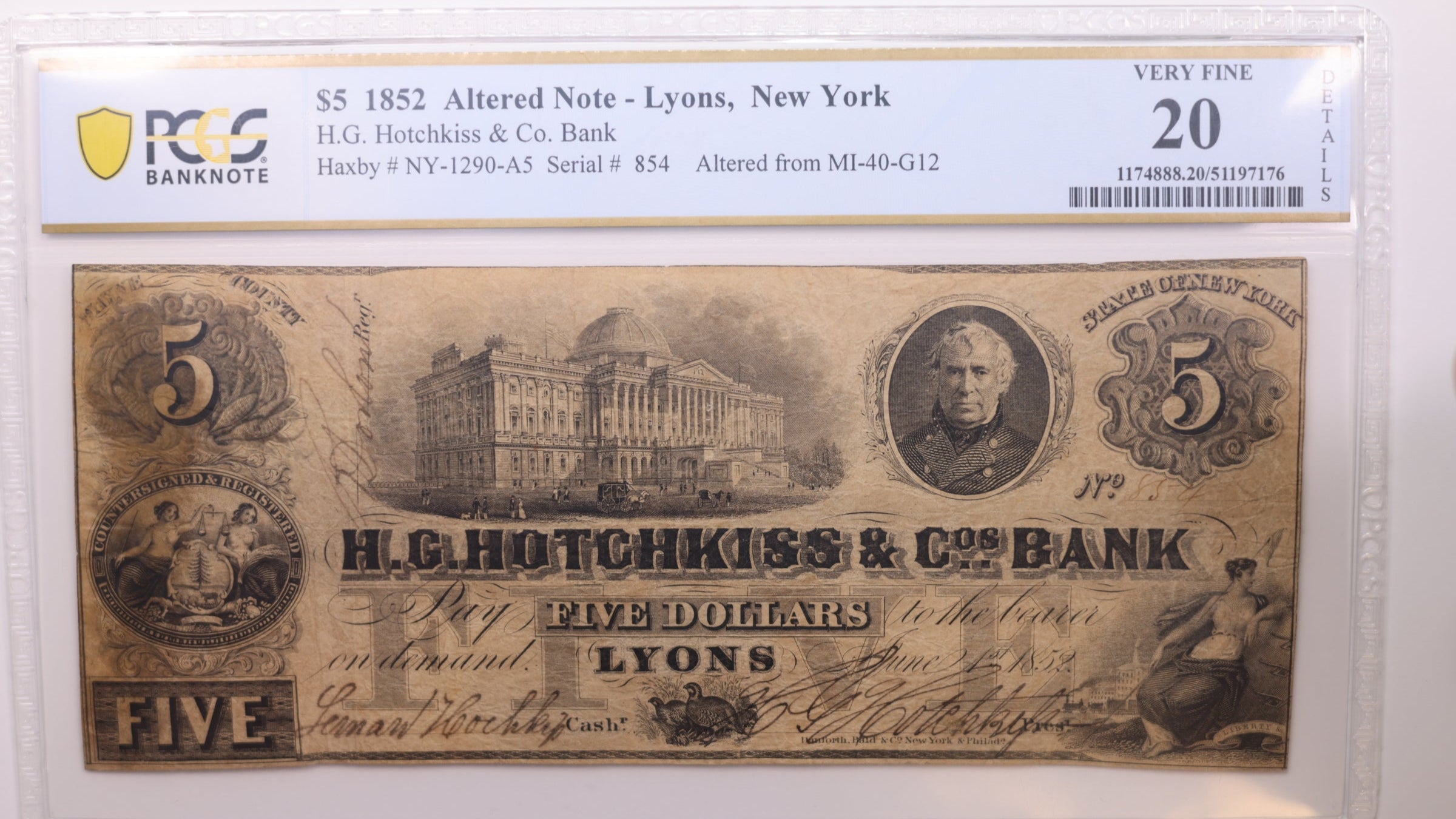 1852 $5, Lyons, N.Y., Obsolete Currency., PCGS VF20., Store #GNY005.