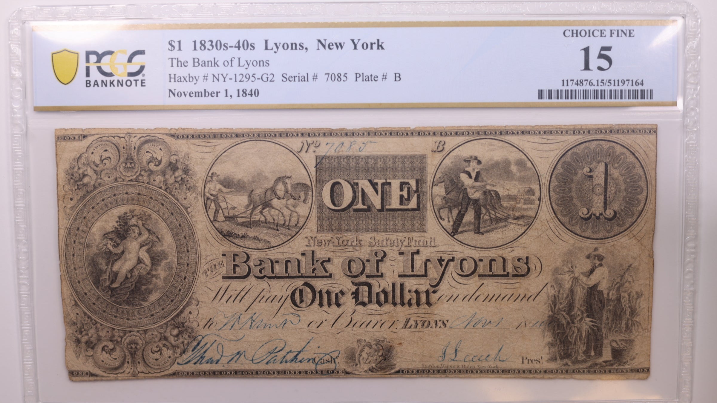 1840 $1, Lyons, N.Y., Obsolete Currency., PCGS F15., Store #GNY006.