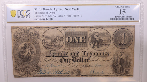 1840 $1, Lyons, N.Y., Obsolete Currency., PCGS F15., Store #GNY006.
