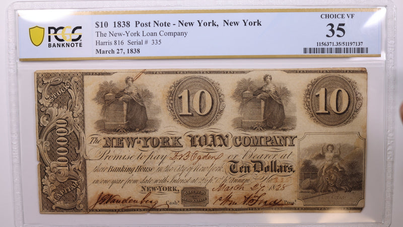 1838 $10, New York, N.Y., Obsolete., PCGS VF-35., Store