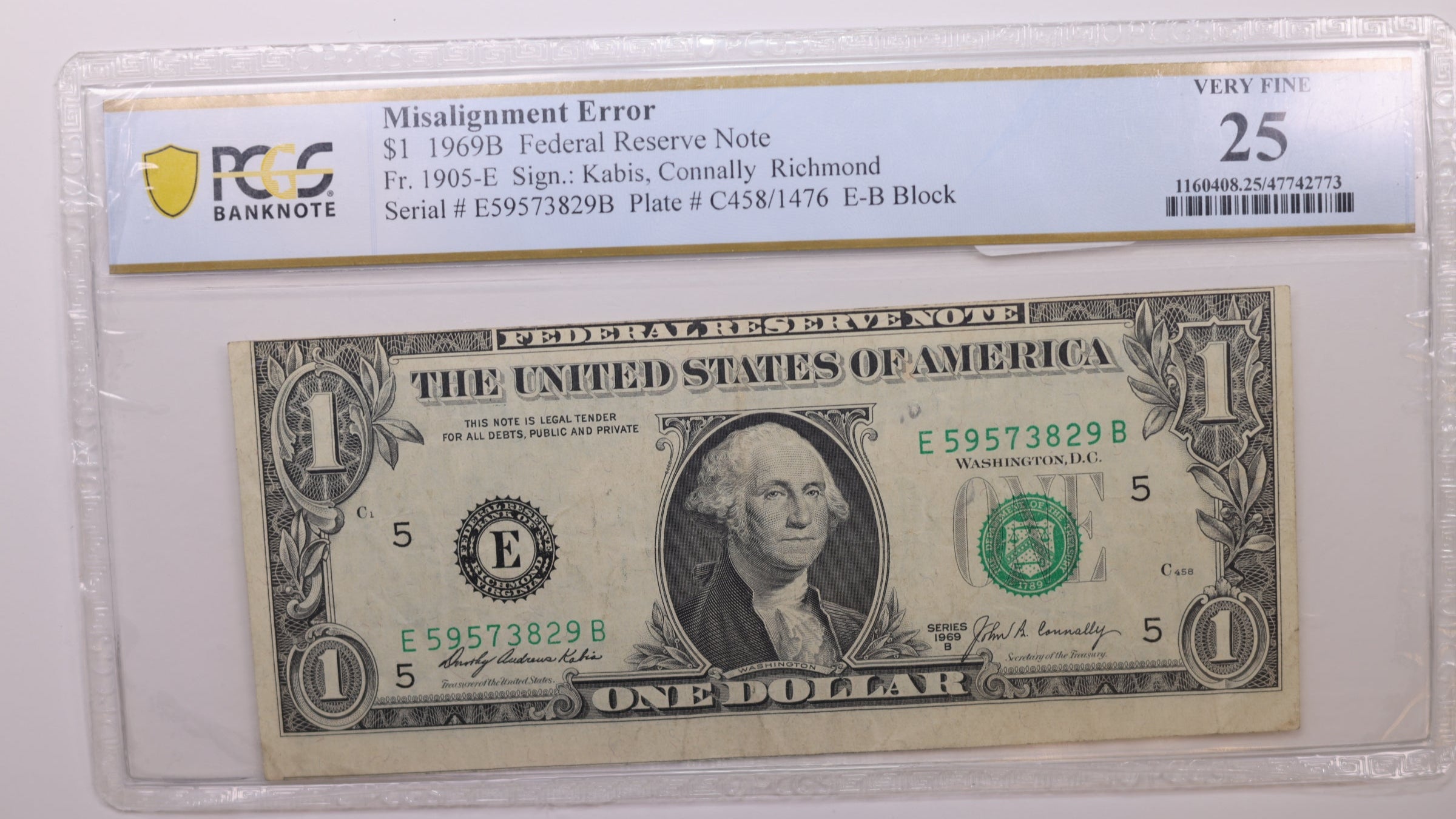 1969B $1, Federal Reserve Note, 'ERROR'., PCGS VF-25., STORE #GFRB060