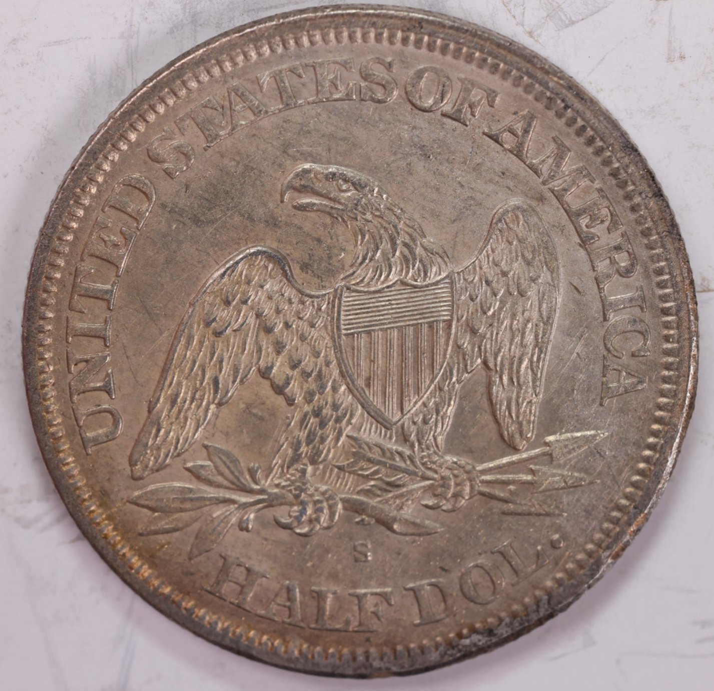 1865-S Seated Liberty Half Dollar., AU/Slider Circulated Coin., Store #2009