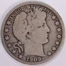 1909-S Barber Half Dollar, Very Good Circulated Coin, Store