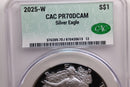 2025-W Proof American Silver Eagle, Certified CAC PR70. Store