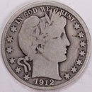 1912-S Barber Half Dollar, Very Good+ Circulated Coin, Store