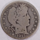 1913 Barber Half Dollar, Very Good Circulated Coin, Store