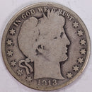 1913-D Barber Half Dollar, Very Good Circulated Coin, Store