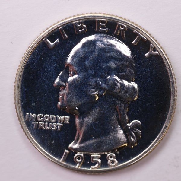 1958 Proof Washington Silver Quarter, Affordable Uncirculated Collectible Coin. Sale #0353622