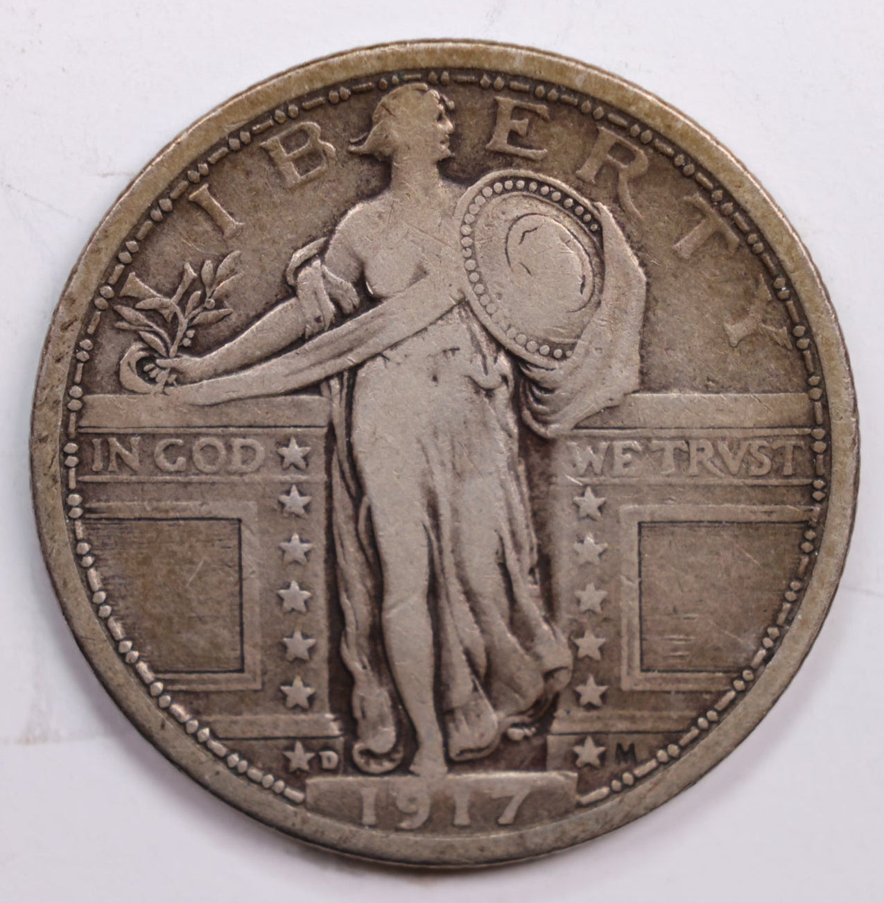 1917-D Standing Liberty Silver Quarter., Type-1, Fine Circulated Coin., Store #QR0278