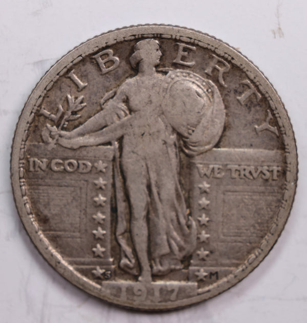 1917-S Standing Liberty Quarter., T-2, Very Fine + Circulated Coin., Store #QR0286.