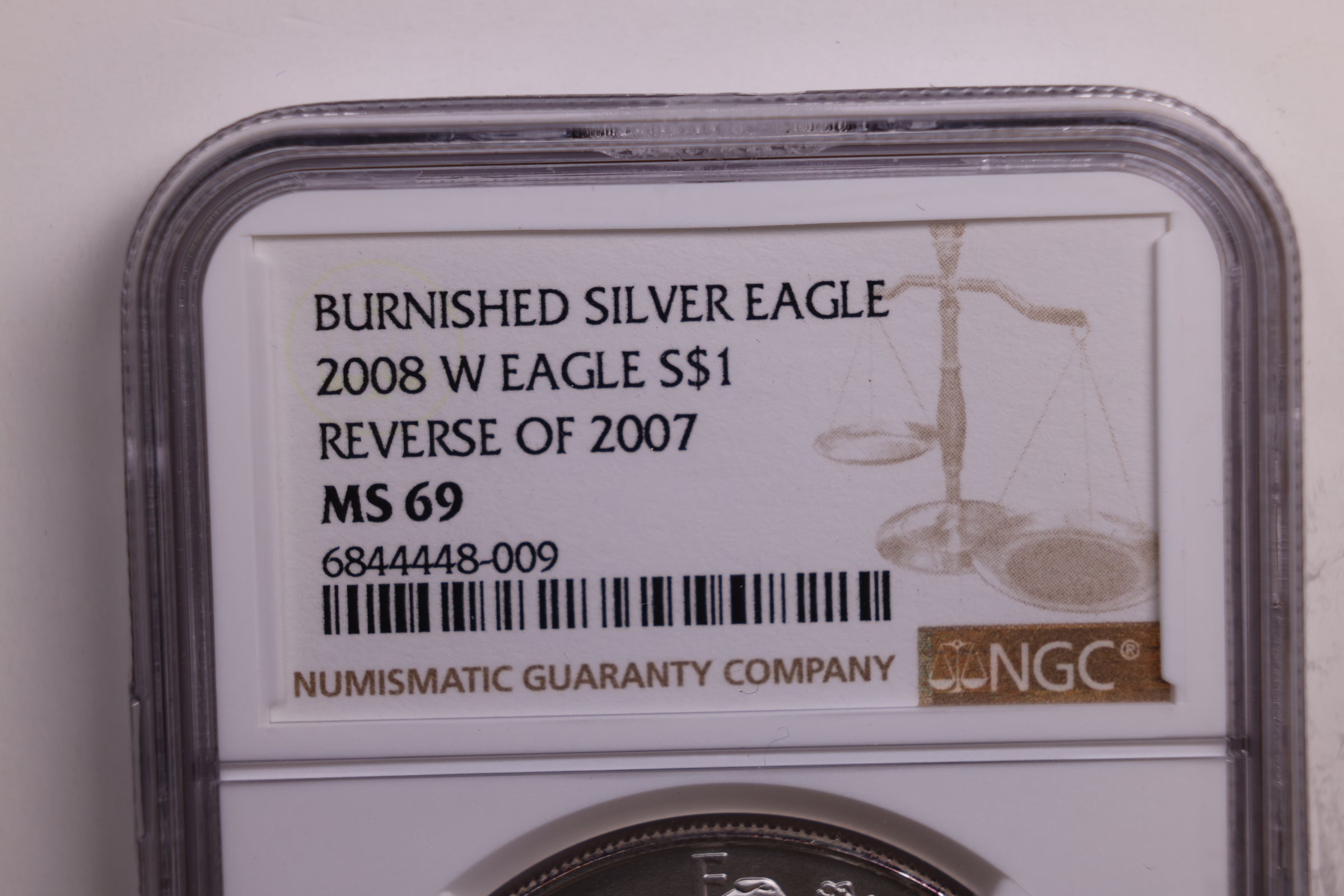 2008-W American Silver Eagle., Burnished, Rev 2007., NGC MS69., Store GSE042.