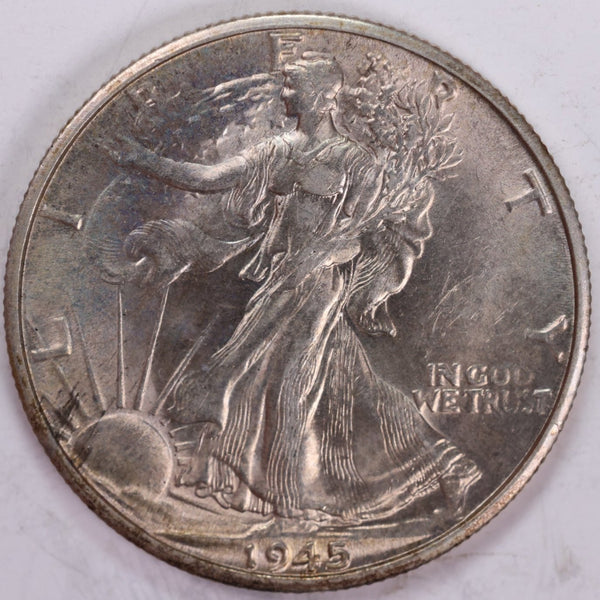 1945-D Walking Liberty Half Dollar, About Uncirculated Coin, Nice Slider, Store #H945D02