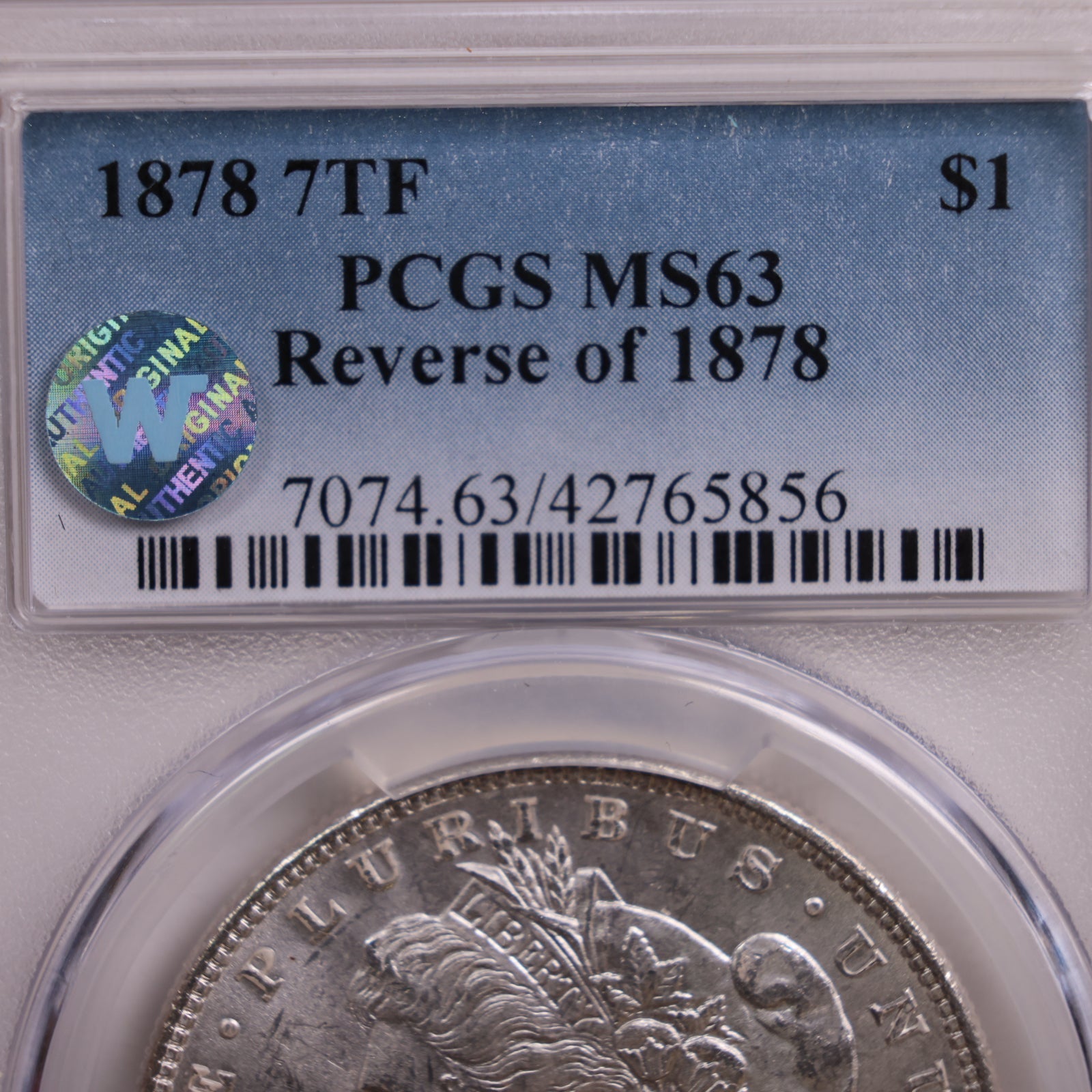 1878 Morgan Silver Dollar, 7 T.F, Rev 1878, PCGS MS-63., Store #GDR0120.