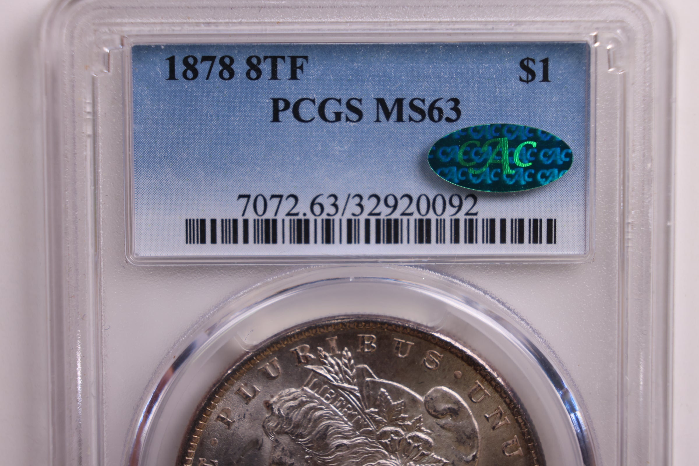 1878 Morgan Silver Dollar, 8 T.F., PCGS MS-63, CAC., Store #GDR0121.