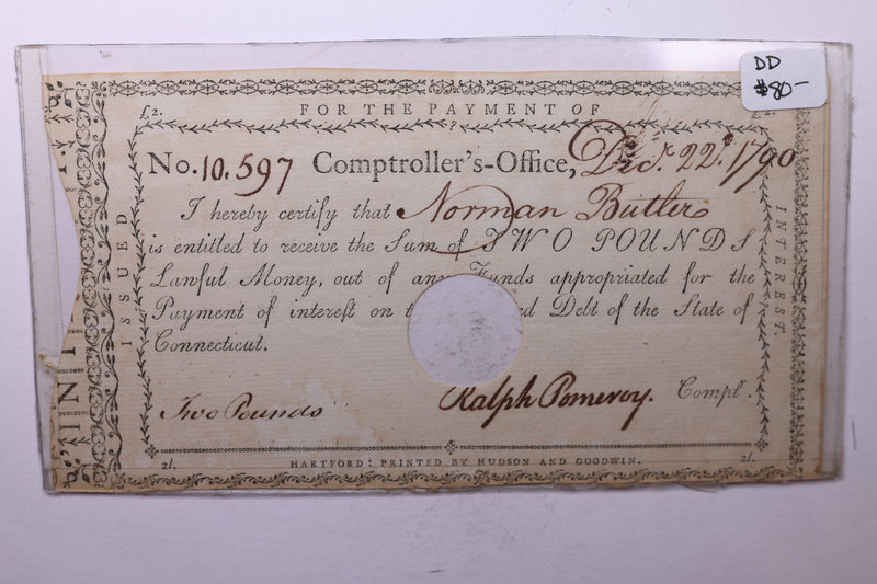 1790 Connecticut Comptrollers Receipt, Affordable Collectible Currency, Sale