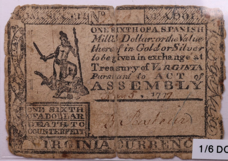 1777 Virginia Colonial Currency, Affordable Collectible Currency, Sale