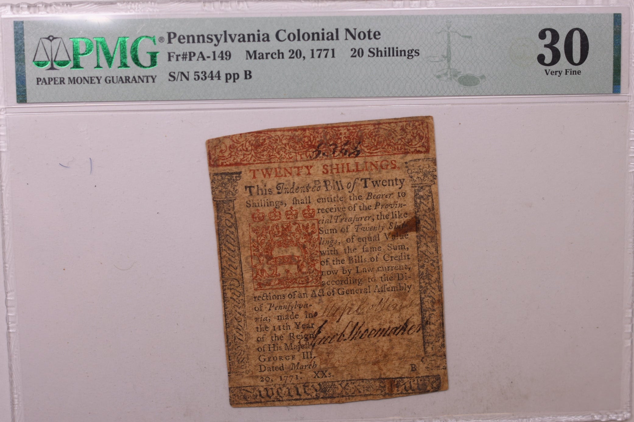 March 20, 1771, 20 Shillings, Pennsylvania Colonial Note, PMG VF30, Store #GCY001.