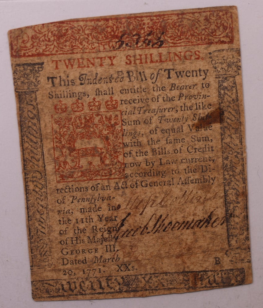 March 20, 1771, 20 Shillings, Pennsylvania Colonial Note, PMG VF30, Store #GCY001.