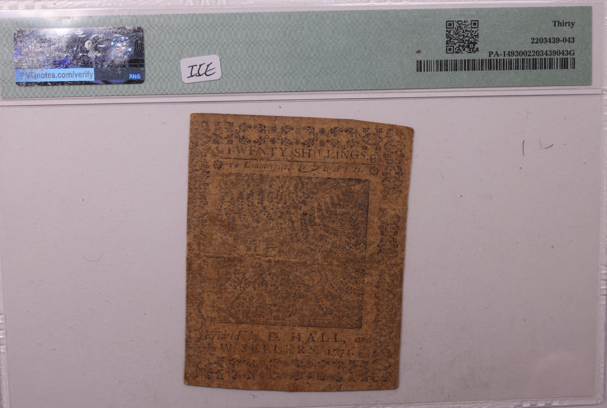 March 20, 1771, 20 Shillings, Pennsylvania Colonial Note, PMG VF30, Store #GCY001.