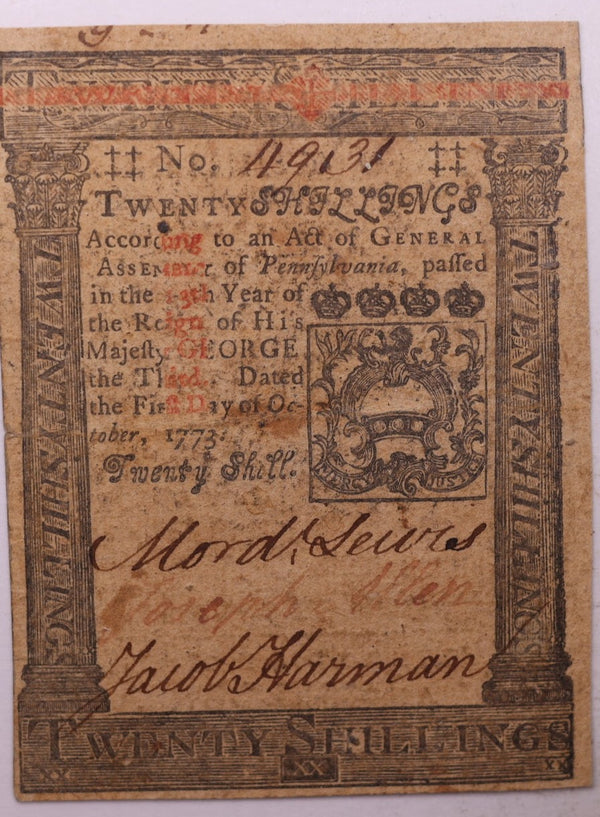 Oct 1, 1773. Pennsylvania Colonial Currency, Affordable Collectible Currency, Sale #353464