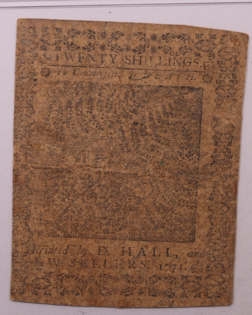 March 20, 1771, 20 Shillings, Pennsylvania Colonial Note, PMG VF30, Store #GCY001.