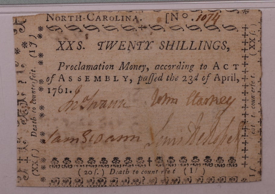 April 23, 1761, 20 Shillings. North Carolina, Colonial Note, PMG VF30, Store #GCY003.