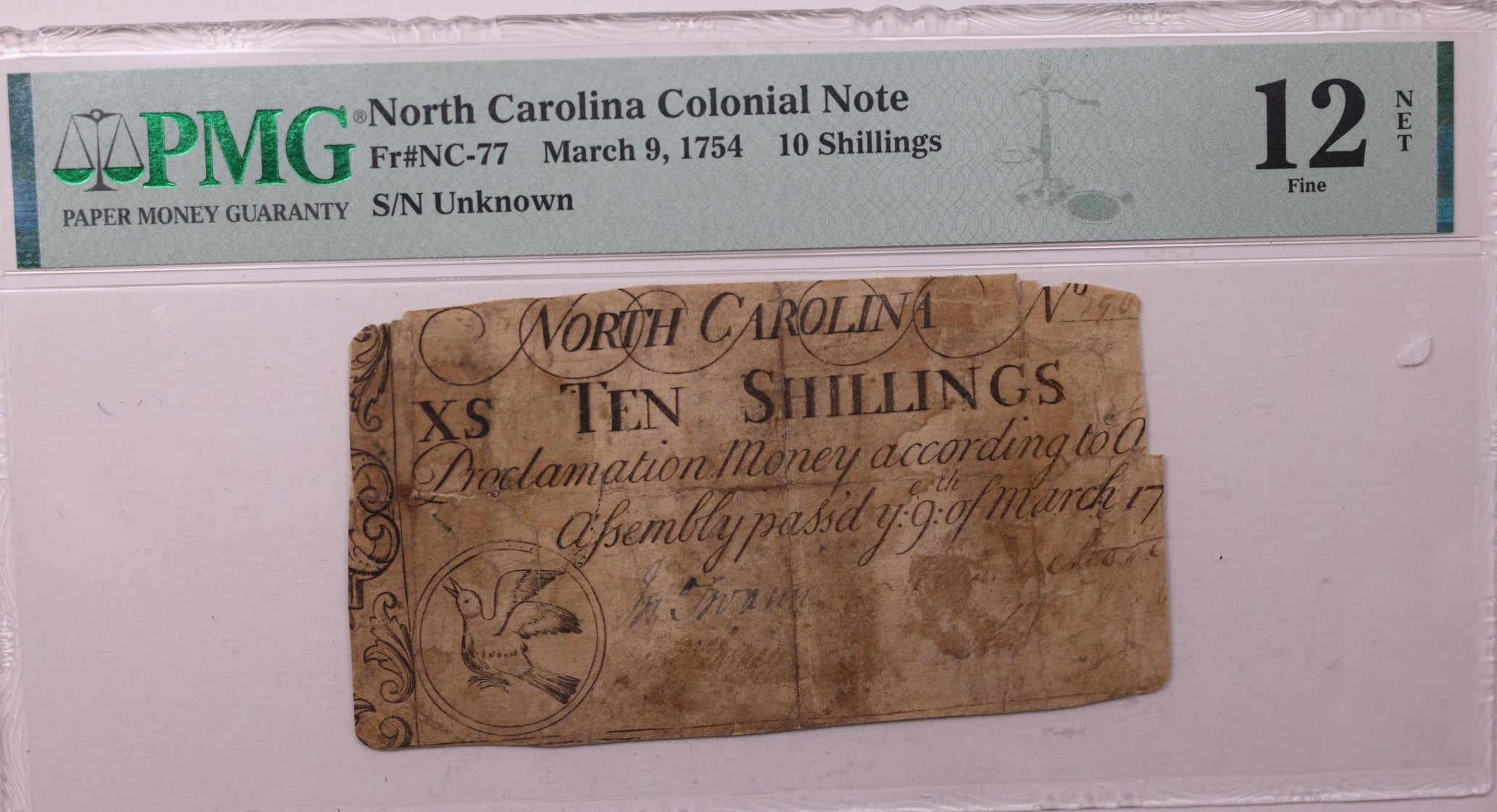 March 9, 1754, 10 Shillings. North Carolina, Colonial Note, PMG F12, Store #GCY004.