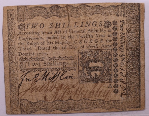 April 3, 1772 Pennsylvania, Colonial Currency, Affordable Collectible Currency, Sale #353470