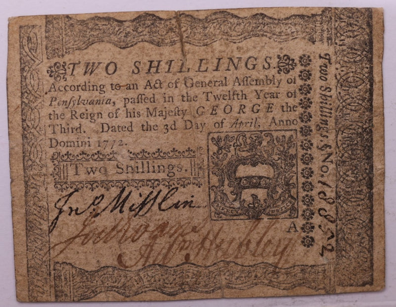 April 3, 1772 Pennsylvania, Colonial Currency, Affordable Collectible Currency, Sale