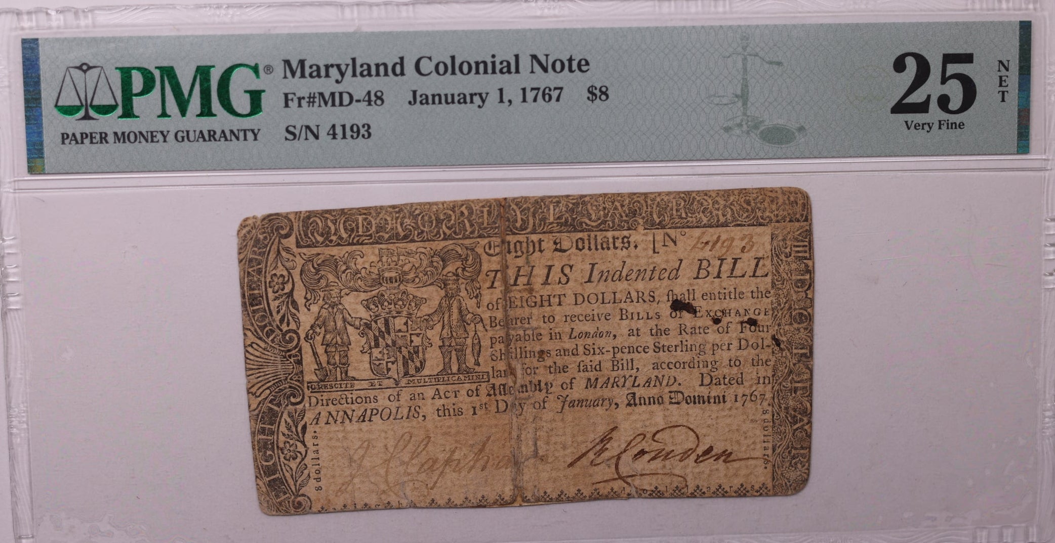 January 1, 1767, $8. Maryland, Colonial Note, PMG VF25, Store #GCY006.