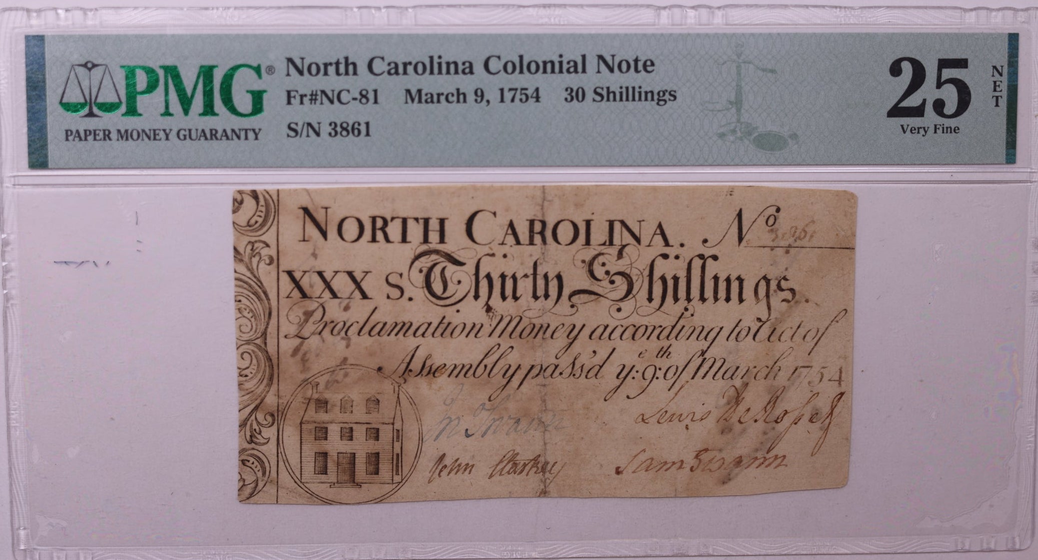 March 9, 1754, 30 Shillings. North Carolina, Colonial Note, PMG VF25, Store #GCY007.