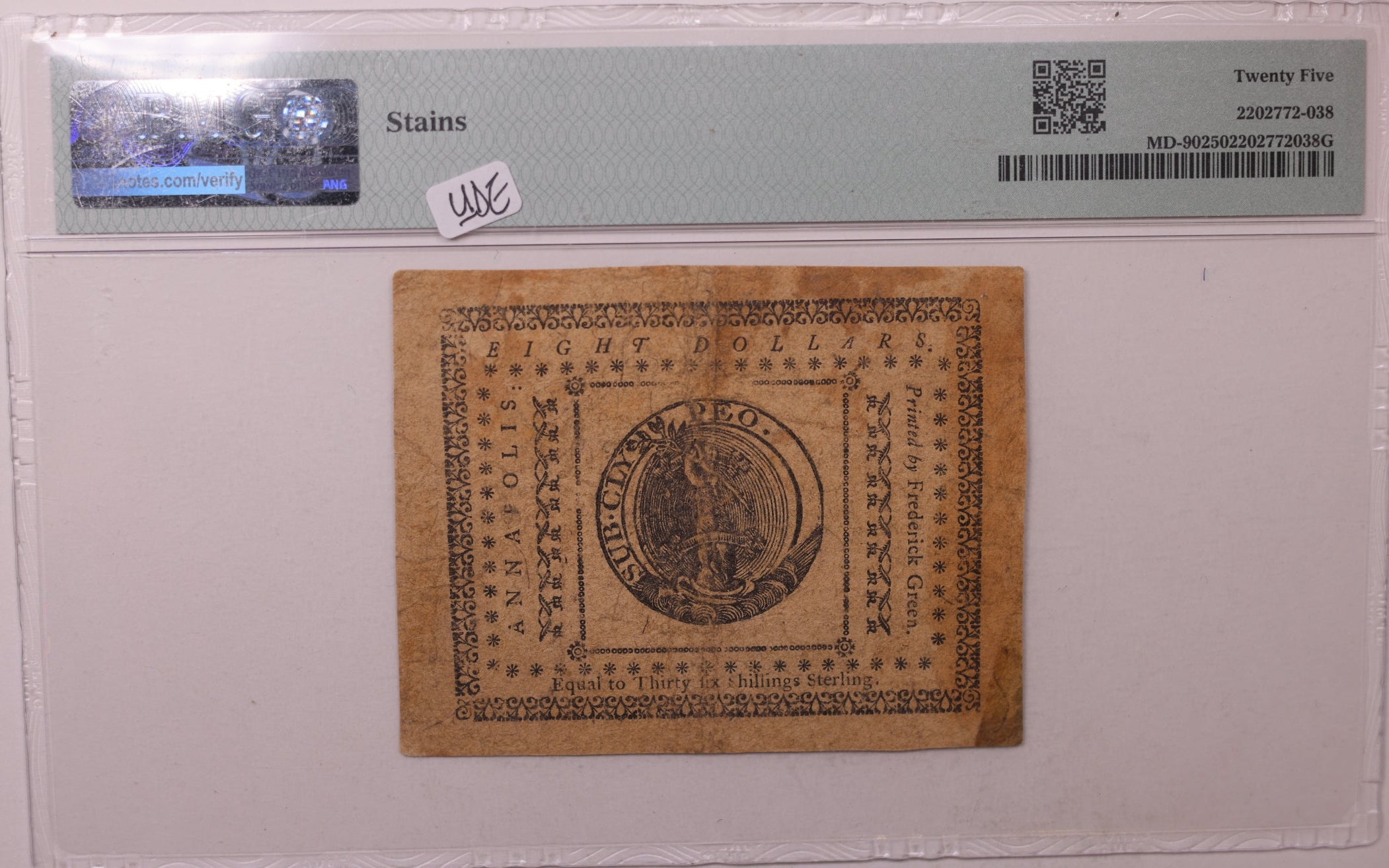 December 7, 1775, $8. Maryland, Colonial Note, PMG VF25, Store #GCY008.