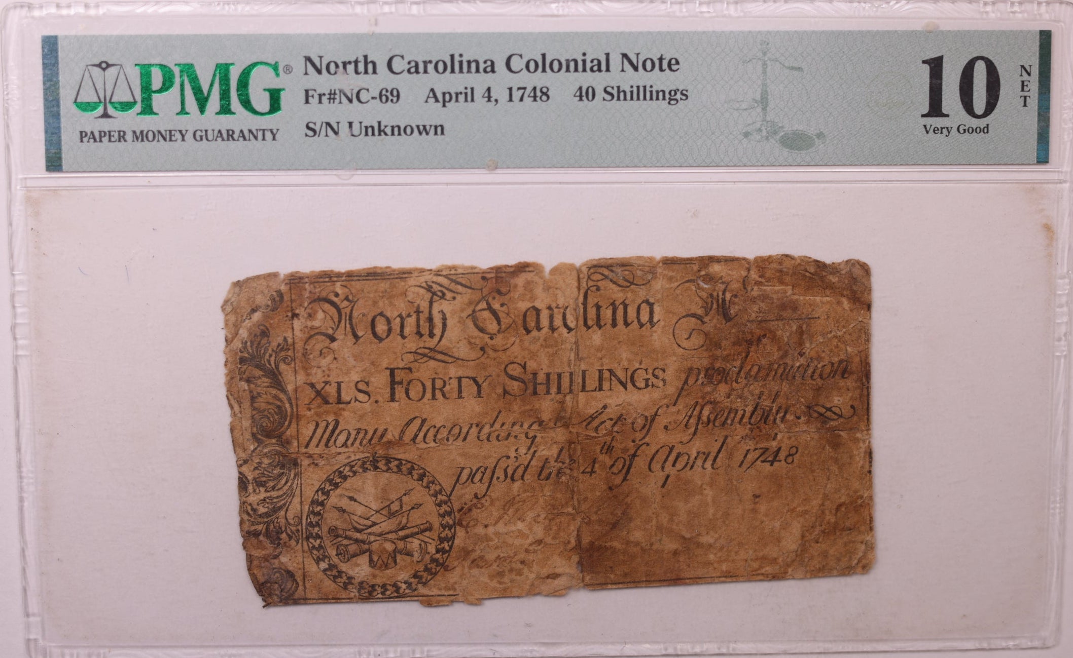 April 4, 1748, 40 Shillings. North Carolina, Colonial Note, PMG VG10, Store #GCY009.